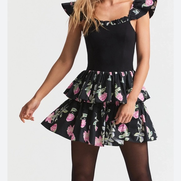 LoveShackFancy SZ 6 The Sanam Black mini tiered Dress‎ with Pink Floral Pattern